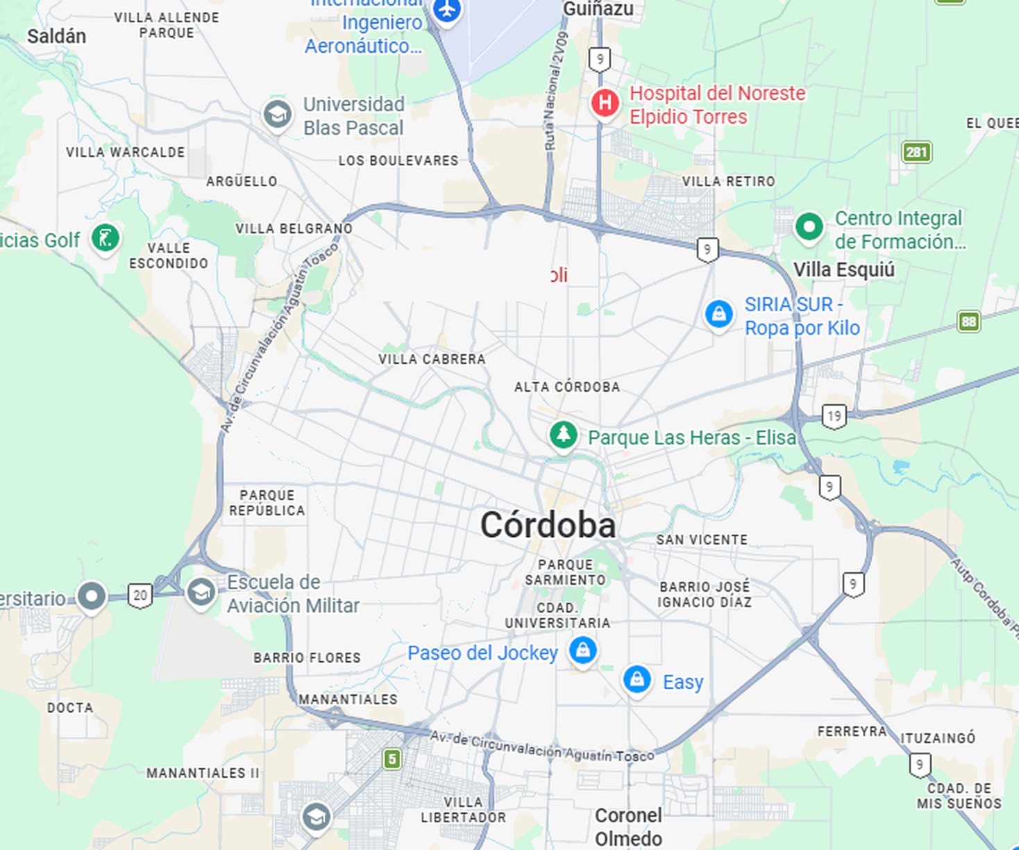 Mapa de Córdoba con la ubicación de Ferretería Adamoli, al noroeste del centro, entre Villa Belgrano y Villa Cabrera